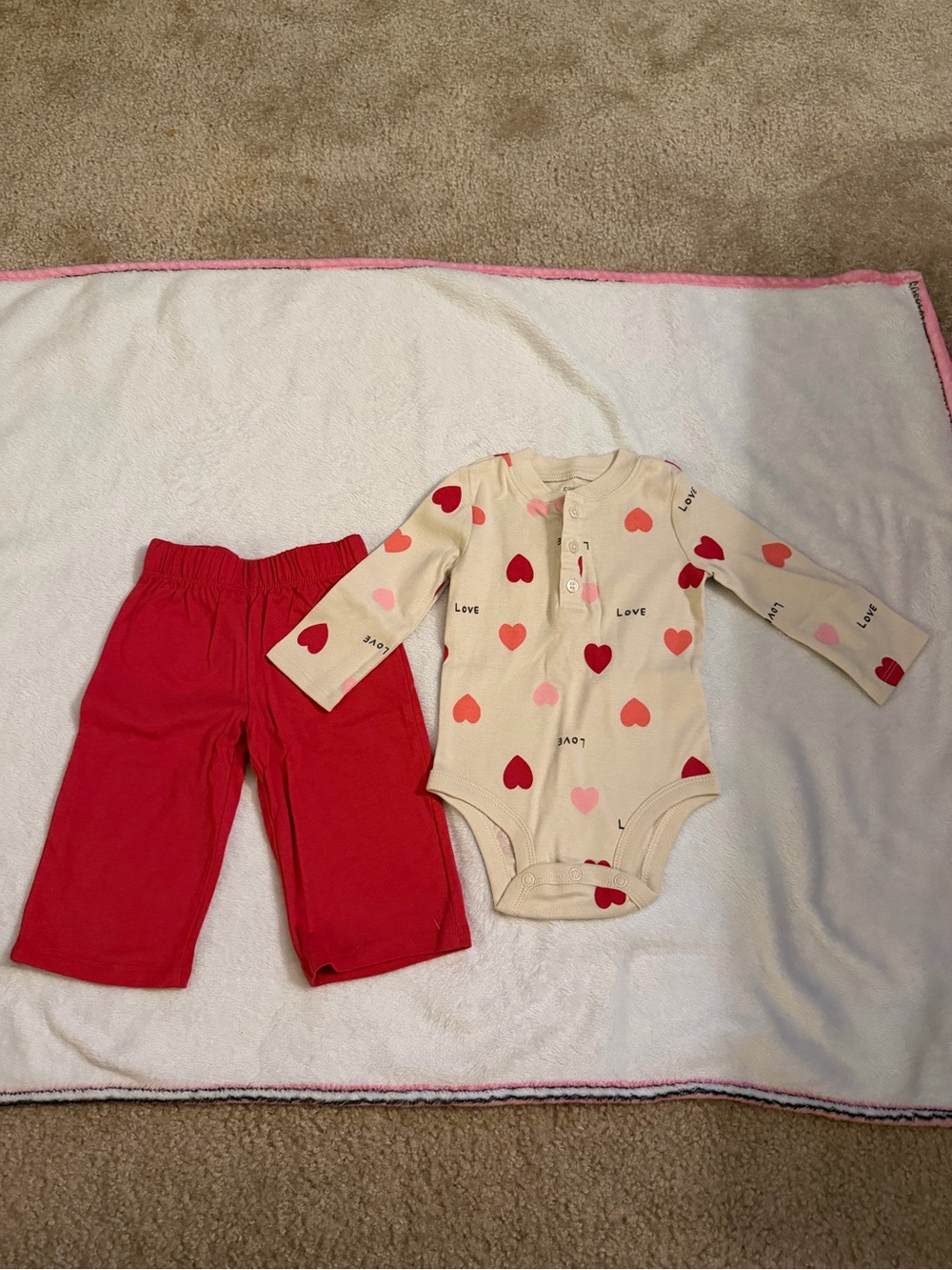 Carter's Heart-Print Cream Bodysuit with Red Pants